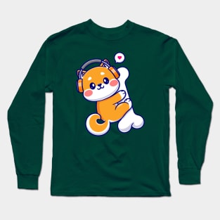 Cute Shiba Inu Hug Bone With Headphone Cartoon Long Sleeve T-Shirt